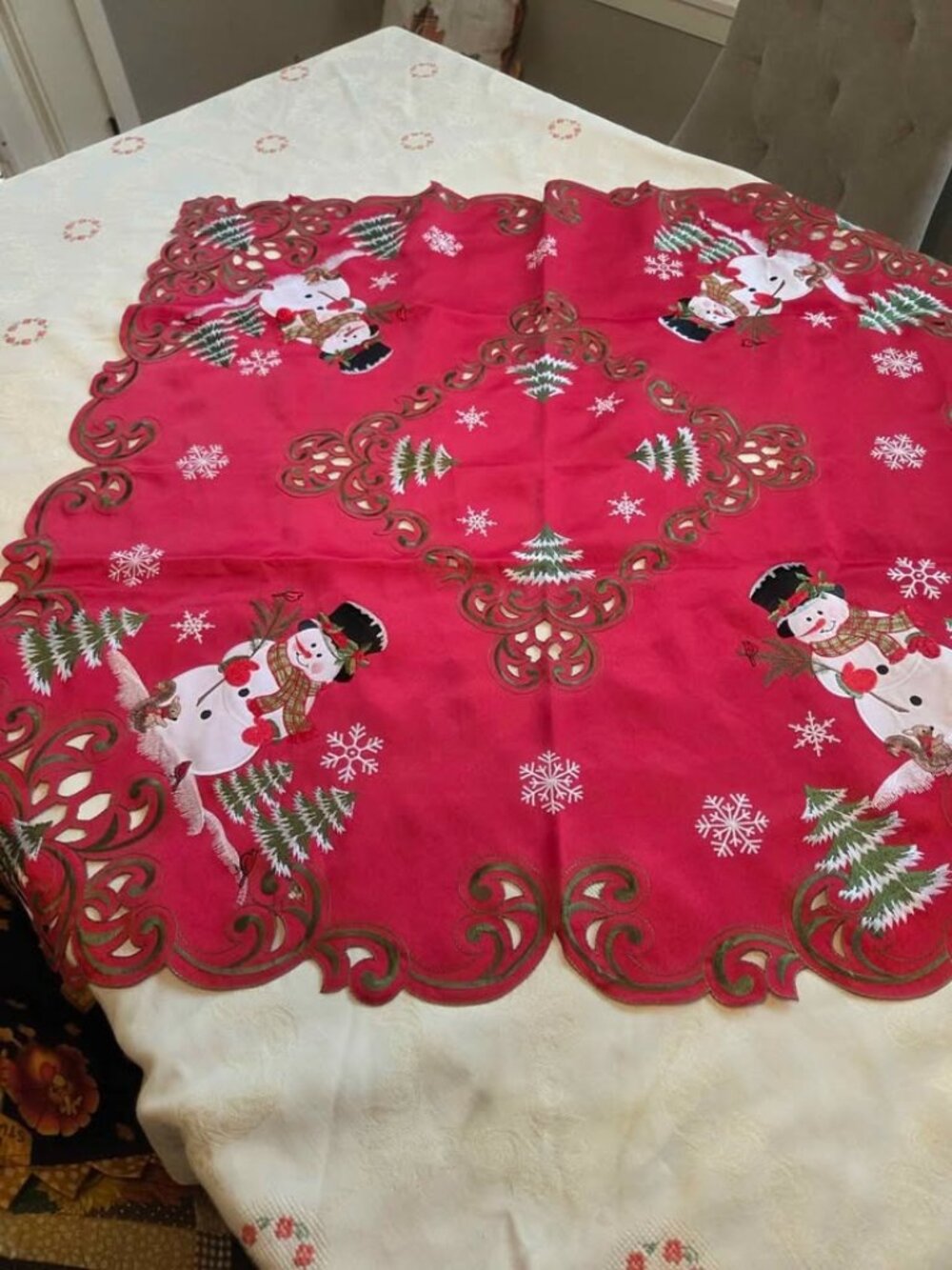 Holiday snowman table linen sqaure approximately 35"x35"